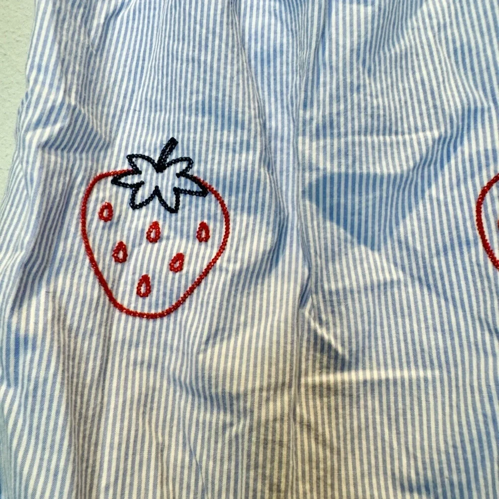 Sweet Strawberry Embroidered Pin Stripe Romper | Ruffles | 6-9mo | EUC | Blue - Picture 3 of 7